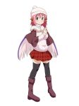  1girl alternate_costume animal_ears bird_wings black_legwear boots brown_capelet brown_footwear capelet cato_(monocatienus) commentary earrings eyebrows_visible_through_hair full_body fur_collar hat jewelry knee_boots long_hair long_sleeves mystia_lorelei pink_eyes pink_hair red_skirt ribbed_sweater simple_background skirt solo sweater thighhighs touhou white_background white_hat white_sweater wings winter_clothes zettai_ryouiki 