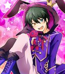  animal_hood black_hair blue_coat blue_eyes boots brown_eyes bunny_hood cross-laced_footwear crown ensemble_stars! heterochromia highres holding holding_stuffed_animal hood kagehira_mika lace-up_boots looking_at_viewer male_focus masako_(sabotage-mode) mini_crown pants purple_background purple_footwear sitting smile solo star stuffed_animal stuffed_bunny stuffed_toy 