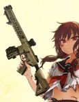  album_cover ar-15 asanagi brown_hair closed_mouth commentary_request cover gun holding holding_gun holding_weapon injury long_hair looking_at_viewer low_tied_hair lvoa-c navel neckerchief original red_eyes red_neckwear rifle school_uniform serious solo torn_clothes trigger_discipline two_side_up upper_body weapon yellow_background 