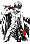  amamiya_ren arm_up bare_arms bare_shoulders black_pants closed_eyes gloves holding holding_jacket jacket jacket_removed male_focus mask mask_removed monochrome pants parted_lips persona persona_5 red_gloves saitou_rokuro shirt sketch sleeveless sleeveless_shirt solo spot_color standing 