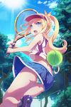  bad_id bad_pixiv_id ball blonde_hair blue_eyes blue_skirt day eyebrows_visible_through_hair green_panties long_hair looking_at_viewer loup open_mouth original outdoors panties ponytail racket skirt sportswear sun tennis tennis_ball tennis_racket tennis_uniform tree underwear 