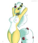  absurd_res anthro atherol barely_visible_genitalia breasts digital_media_(artwork) female front_view hi_res mega_ampharos mega_evolution nintendo nipples nude pok&eacute;mon pussy simple_background solo standing subtle_pussy video_games white_background yellow_skin 
