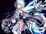  black_gloves code:_battle_seraph_(elsword) cowboy_shot detached_collar elsword eve_(elsword) expressionless flat_chest gloves kuroshio_maki leotard long_hair looking_at_viewer moby_(elsword) no_nose remy_(elsword) signature solo thighhighs white_hair white_legwear white_leotard yellow_eyes 