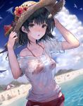  :o beach beach_umbrella bikini black_eyes black_hair blurry cloud commentary_request day depth_of_field dutch_angle flower food hands_up hat hat_flower hibiscus hisahisahisahisa holding looking_at_viewer original outdoors popsicle red_bikini see-through short_hair short_sleeves sky solo straw_hat sun_hat swimsuit twitter_username umbrella upper_body watermelon_bar wet wet_clothes 