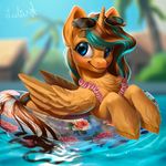  absurd_res blue_eyes blue_hair blurred_background brown_hair equine eyelashes fan_character feathered_wings feathers female feral fur hair hi_res hooves lulemt mammal my_little_pony partially_submerged pegasus smile solo water wings 