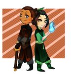  1girl avatar:_the_last_airbender avatar_(series) azula back-to-back belt black_belt black_footwear black_hair blue_eyes blue_fire brown_background brown_gloves brown_hair chibi china_dress chinese_clothes closed_mouth dark_skin dark_skinned_male dress fire full_body gloves green_dress green_footwear green_ribbon grey_pants hair_bun hair_ribbon hand_up highres holding holding_sword holding_weapon long_dress long_sleeves looking_at_viewer looking_to_the_side pants pirin_(mikan-bases) polka_dot polka_dot_background pyrokinesis ribbon sash scabbard sheath sheathed shoes short_sleeves signature smile sokka standing striped striped_background sword weapon white_background yellow_eyes 
