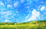  black_hair cloud cloudy_sky day dress from_side grass hat light_particles long_hair looking_away meadow original outdoors petals sakimori_(hououbds) scenery sky solo straw_hat sun_hat sunlight very_long_hair very_wide_shot white_dress 