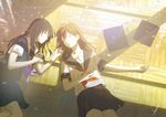  black_hair black_skirt brown_hair closed_eyes collarbone facing_another floor highres long_hair looking_at_another loundraw lying multiple_girls neckerchief on_back on_floor on_side original parted_lips purple_neckwear red_neckwear skirt sleeping smile 
