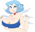 1girl blue_eyes blue_hair body_writing breasts cirno cleavage eyeshadow hoshime huge_breasts lips older pink_lipstick touhou 