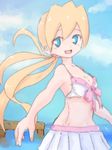  1girl bikini blonde_hair blue_eyes bow breasts capcom ciel_(rockman) cleavage cloud long_hair looking_at_viewer open_mouth outstretched_arm ponytail rockman rockman_zero skirt sky small_breasts smile solo swimsuit water 