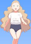  1girl aurore blonde_hair blue_eyes blush buruma flat_chest long_hair shorts sketch solo t-shirt tagme takatou_sora thigh_gap wavy_hair 