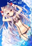  adapted_costume amatsukaze_(kantai_collection) armpits arms_up ass_visible_through_thighs bikini blue_sky blush breasts choker collarbone cowboy_shot day dutch_angle eyebrows_visible_through_hair garter_straps hair_between_eyes hairband hat highres kantai_collection long_hair looking_at_viewer mini_hat navel orange_eyes outdoors sailor_collar side-tie_bikini silver_hair sky small_breasts smile solo sparkle splashing swimsuit tahya thighhighs two_side_up very_long_hair wading water_drop wet 