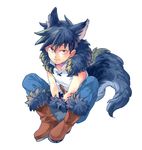  animal_ears black_eyes black_hair boots brown_footwear extra_ears fang full_body gloves highres kageyama_ritsu kemonomimi_mode male_focus mob_psycho_100 paw_gloves paws sitting smile solo tail u-min wolf_ears wolf_tail 