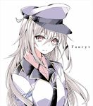  breasts character_name facial_scar flat_cap gangut_(kantai_collection) grey_hair hat hikobae kantai_collection large_breasts long_hair looking_at_viewer military military_hat military_jacket military_uniform red_eyes red_shirt russian scar scar_on_cheek shirt smile solo translated uniform white_background 