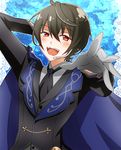  :d black_hair black_neckwear blue_background blue_cape blush cape ensemble_stars! formal gloves grey_gloves headset highres male_focus masako_(sabotage-mode) necktie open_mouth outstretched_hand red_eyes sakuma_ritsu smile solo suit 