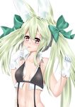  absurdres animal_ear_fluff animal_ears art556_(girls_frontline) blush bow breasts collarbone eyebrows_visible_through_hair finger_to_mouth girls_frontline gloves green_bow green_hair grey_eyes hair_bow heart heart-shaped_pupils highres kong_lang_(skywave) long_hair looking_at_viewer medium_breasts navel smile solo symbol-shaped_pupils tongue tongue_out upper_body white_gloves 