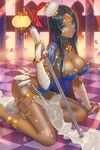  bad_id bad_pixiv_id barefoot black_hair blue_eyes blush breasts cleavage dark_skin eyebrows_visible_through_hair fate/grand_order fate_(series) holding holding_staff jewelry large_breasts lloule long_hair looking_at_viewer parted_lips ring scheherazade_(fate/grand_order) smile solo staff thumb_ring 