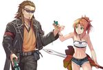  1girl :d brown_eyes brown_hair clarent commentary_request double_barrels facial_hair fate/apocrypha fate_(series) fist_bump goatee green_eyes grin gun hinami_(hinatamizu) holding jacket jewelry leather leather_jacket light_brown_hair long_hair mordred_(fate) mordred_(fate)_(all) navel necklace open_mouth ponytail scar shishigou_kairi short_shorts shorts shotgun simple_background smile sunglasses sword v-shaped_eyebrows weapon white_background 