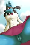  absurd_res anthro atherol black_fur blue_fur blue_sky bow breasts canine clothed clothing cloud day digital_media_(artwork) female fur hi_res looking_at_viewer lucario mammal nintendo outside pok&eacute;mon pussy red_eyes ribbons school_uniform skirt sky smile solo uniform upskirt video_games 
