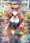  blue_ribbon brown_hair chocolate company_name copyright_name detective gem green_eyes hand_on_hip hat interitio jewelry looking_at_viewer official_art outdoors plaid plaid_hat ribbon shorts sid_story smile solo star twitter_username watermark 