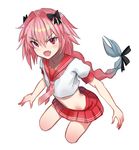  astolfo_(fate) black_bow blush bow braid eyebrows_visible_through_hair fate/apocrypha fate/grand_order fate_(series) hair_bow long_hair looking_at_viewer male_focus neckerchief otoko_no_ko parted_lips pink_hair pink_neckwear red_eyes red_skirt sketch skirt smile solo yilan 