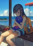  backpack bag black_hair denim denim_shorts eyebrows_visible_through_hair food hair_ornament hairclip highres kudara long_hair looking_away original parted_lips pocky purple_eyes shorts sitting sleeveless wrapper 