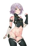  :o bandaged_arm bandages bangosu belt black_belt black_gloves black_legwear blood blood_on_face breasts cleavage cleavage_cutout facial_scar fate/apocrypha fate_(series) fingerless_gloves gloves jack_the_ripper_(fate/apocrypha) lavender_hair looking_at_viewer navel scar scar_on_cheek short_hair simple_background single_glove small_breasts solo white_background yellow_eyes 