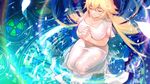  bangs blonde_hair blurry breasts cleavage closed_eyes commentary_request crossed_bangs depth_of_field dress eyebrows_visible_through_hair fate/apocrypha fate_(series) hair_between_eyes highres interlocked_fingers jeanne_d'arc_(fate) jeanne_d'arc_(fate)_(all) joseph_lee kneeling large_breasts legs_together long_hair own_hands_together parted_lips petals rainbow sidelocks solo very_long_hair white_dress 