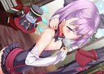  arm_behind_head bare_shoulders blush bow colonel_olcott_(fate/grand_order) detached_sleeves fate/grand_order fate_(series) flat_chest hair_bow helena_blavatsky_(fate/grand_order) looking_at_viewer purple_eyes purple_hair shirosuzu short_hair smile solo strapless tree_of_life white_sleeves 
