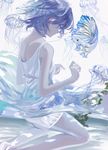 aspara bangs blue blue_eyes blue_hair closed_mouth commentary_request dress fish from_side hands_up jellyfish kneeling original short_hair solo white_dress 