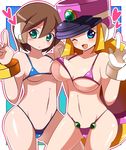  2girls aile bikini blonde_hair brown_hair capcom green_eyes hearts long_hair micro_bikini prairie rockman rockman_zx short_hair tagme 