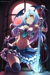  bad_id bad_pixiv_id black_legwear blue_hair blush breasts cleavage collarbone eyebrows_visible_through_hair highres holding holding_sword holding_weapon kneeling large_breasts looking_at_viewer loup navel original parted_lips solo sword thighhighs weapon yellow_eyes 