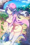  animal bad_id bad_pixiv_id bag blue_eyes blush breasts cat cherry_blossoms cleavage collarbone eyebrows_visible_through_hair handbag hat high_heels highres large_breasts long_hair looking_at_viewer loup original parted_lips plant potted_plant purple_hair purple_hat solo sweater thighhighs tree watch white_legwear wristwatch 