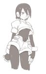  aile bangs breasts covered_navel crop_top cropped_legs fingerless_gloves gloves greyscale headphones highres kotoyama looking_at_viewer medium_breasts monochrome navel puffy_sleeves rockman rockman_zx short_hair short_sleeves shorts simple_background solo underboob white_background 
