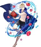  abs blonde_hair book cape fire_emblem fire_emblem_heroes fire_emblem_if full_body gloves hairband highres leon_(fire_emblem_if) male_focus navel official_art red_eyes sandals shirtless solo swimsuit teeth tobi_(kotetsu) tomato transparent_background water 