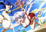  absurdres ahoge arm_up ass beach_volleyball bikini blonde_hair blue_bikini blue_eyes blue_hair blush breasts brown_eyes cleavage cloud cloudy_sky collarbone day from_below gotou_keiji hair_ornament highres kazanari_tsubasa large_breasts long_hair maria_cadenzavna_eve medium_breasts megami multiple_girls navel official_art one_side_up open_mouth pink_hair purple_eyes red_bikini senki_zesshou_symphogear short_hair silver_hair sky soles swimsuit tachibana_hibiki_(symphogear) yellow_bikini yukine_chris 