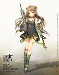  :&gt; ankle_cuffs anmi assault_rifle black_dress black_footwear black_gloves blush bow breasts brown_hair bullpup choker collarbone dog_tags double_bun dress fingerless_gloves fur_trim girls_frontline glint gloves green_eyes gun hair_bow highres holding holding_gun holding_weapon jacket kel-tec kel-tec_rfb long_hair mary_janes off_shoulder official_art rfb_(girls_frontline) rifle shoes single_glove small_breasts smile socks solo standing striped striped_legwear thigh_strap trigger_discipline vertical-striped_legwear vertical_stripes weapon 