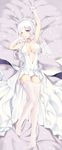  arm_up armpits azur_lane bed_sheet blue_eyes breasts bridal_veil cleavage dakimakura dress garter_straps gloves hentai_kuwa highres illustrious_(azur_lane) large_breasts lying mole mole_under_eye on_back one_eye_closed petals skindentation solo thighhighs tiara veil wedding_dress white_gloves white_hair white_legwear 