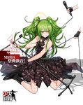  &gt;:( bangs bare_shoulders black_dress black_footwear black_gloves blush boots character_name clenched_teeth copyright_name dress fingerless_gloves frown full_body girls_frontline gloves green_hair hair_between_eyes highres holding holding_microphone kneeling long_hair m950a_(girls_frontline) microphone microphone_stand official_art open_mouth out_of_frame sidelocks solo_focus striped striped_gloves teeth twintails v-shaped_eyebrows zagala 