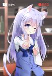  animal_ears bangs battery black_skirt blue_bow blue_eyes blue_neckwear blue_vest blurry blush bottle bow bowtie buttons cat_ears cat_tail collared_shirt commentary_request cowboy_shot cup depth_of_field embarrassed eyebrows_visible_through_hair flat_chest gochuumon_wa_usagi_desu_ka? highres index_finger_raised indoors jar kafuu_chino kemonomimi_mode koi_dance kouda_suzu light_blue_hair long_hair long_sleeves looking_at_viewer one_eye_closed open_mouth rabbit_house_uniform recording saucer shelf shirt sidelocks skirt solo standing stool tail vest wavy_mouth white_shirt wing_collar 