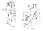  2017 anthro beaver beverly_(sailoranna) breasts canine controller dipstick_tail duo eyes_closed female fox game_controller lying mammal monochrome multicolored_tail navel nude on_back pubes pussy rodent sethtriggs sketch sofa standing tina_(sailoranna) 