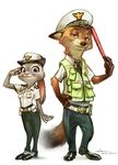  2016 anthro belt canine clothed clothing dipstick_ears disney duo female fox hand_on_hip hat judy_hopps lagomorph looking_at_viewer male mammal nick_wilde painterstone pilot_uniform rabbit safety_vest salute signature simple_background smile standing uniform utility_belt vest white_background zootopia 