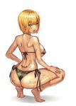  ass bad_id bad_pixiv_id bare_legs barefoot bikini blonde_hair blush breasts bright_pupils camouflage camouflage_bikini covered_nipples eyebrows_visible_through_hair folded_leg from_behind full_body green_bikini halterneck hand_on_hip highres large_breasts looking_back open_mouth original potato_(sksnabi) shiny shiny_skin short_hair shoulder_blades side-tie_bikini sideboob simple_background solo squatting sweat swimsuit tattoo white_background yellow_eyes 