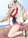  1girl blonde_hair boris_(noborhys) breasts clothed_sex clothing_aside cowgirl_position cum cum_in_pussy elise_(fire_emblem_if) fire_emblem fire_emblem_heroes fire_emblem_if flower flower_necklace girl_on_top hetero highres jewelry necklace one-piece_swimsuit ribbon sex small_breasts solo_focus straddling swimsuit swimsuit_aside twintails underwear 