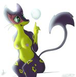  5_fingers absurd_res anthro areola atherol breasts bubble digital_media_(artwork) feline female fur green_eyes hi_res leopard liepard mammal navel nintendo nipples open_mouth pok&eacute;mon purple_fur simple_background sitting solo video_games white_background yellow_fur 