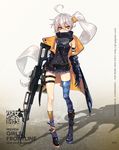  ahoge argyle argyle_legwear bangs belt_boots black_gloves blue_legwear boots character_name commentary copyright_name covered_mouth cross-laced_footwear full_body girls_frontline gloves gun hair_between_eyes highres holding holding_gun holding_weapon jacket kneehighs lace-up_boots long_hair looking_at_viewer machine_gun mismatched_footwear mismatched_legwear no_sense_of_shame official_art open_clothes open_jacket pkp_(girls_frontline) pkp_pecheneg shadow side_ponytail silver_hair single_kneehigh single_thighhigh solo striped striped_legwear thighhighs tsurime vertical-striped_legwear vertical_stripes very_long_hair watermark weapon web_address yellow_eyes yellow_legwear 