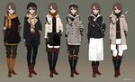  artist_name bag beanie black_legwear black_scarf blue_eyes boots brown_background brown_hair brown_legwear brown_scarf chain coat collared_shirt dagger double-breasted dress elweiss_(siirakannu) fashion full_body gloves gradient gradient_background hand_on_hip handbag hat holster hood hood_down jacket knee_boots long_coat long_sleeves looking_at_viewer multiple_views original scarf shirt short_sleeves sidelocks siirakannu standing strap thigh_boots thigh_strap thighhighs variations weapon white_legwear yellow_scarf 