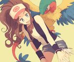  :d archeops bare_arms baseball_cap bird_wings black_vest blue_eyes brown_hair claws cowboy_shot denim denim_shorts exposed_pocket eye_contact feathered_wings feathers gen_5_pokemon hands_on_own_thighs hat high_ponytail komasawa_(fmn-ppp) leaning_forward looking_at_another open_mouth pokemon pokemon_(creature) pokemon_(game) pokemon_bw ponytail shirt short_shorts shorts simple_background sleeveless sleeveless_shirt smile standing tail touko_(pokemon) vest white_shirt wide_ponytail wings wristband yellow_background 