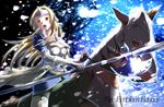  armor blonde_hair breasts brown_eyes cleavage copyright_name fire_emblem fire_emblem_echoes:_mou_hitori_no_eiyuuou gloves helmet horse horseback_riding long_hair matilda_(fire_emblem) medium_breasts polearm riding shin_(applique) snow snowing solo sparkle spear teeth weapon 