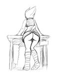  absurd_res alien anthro avian avian_(starbound) breasts butt clothed clothing female gordonfreeguy halter_top hammer hi_res midriff monochrome rear_view saw shirt sketch skimpy skirt solo standing starbound tank_top tools video_games workbench 